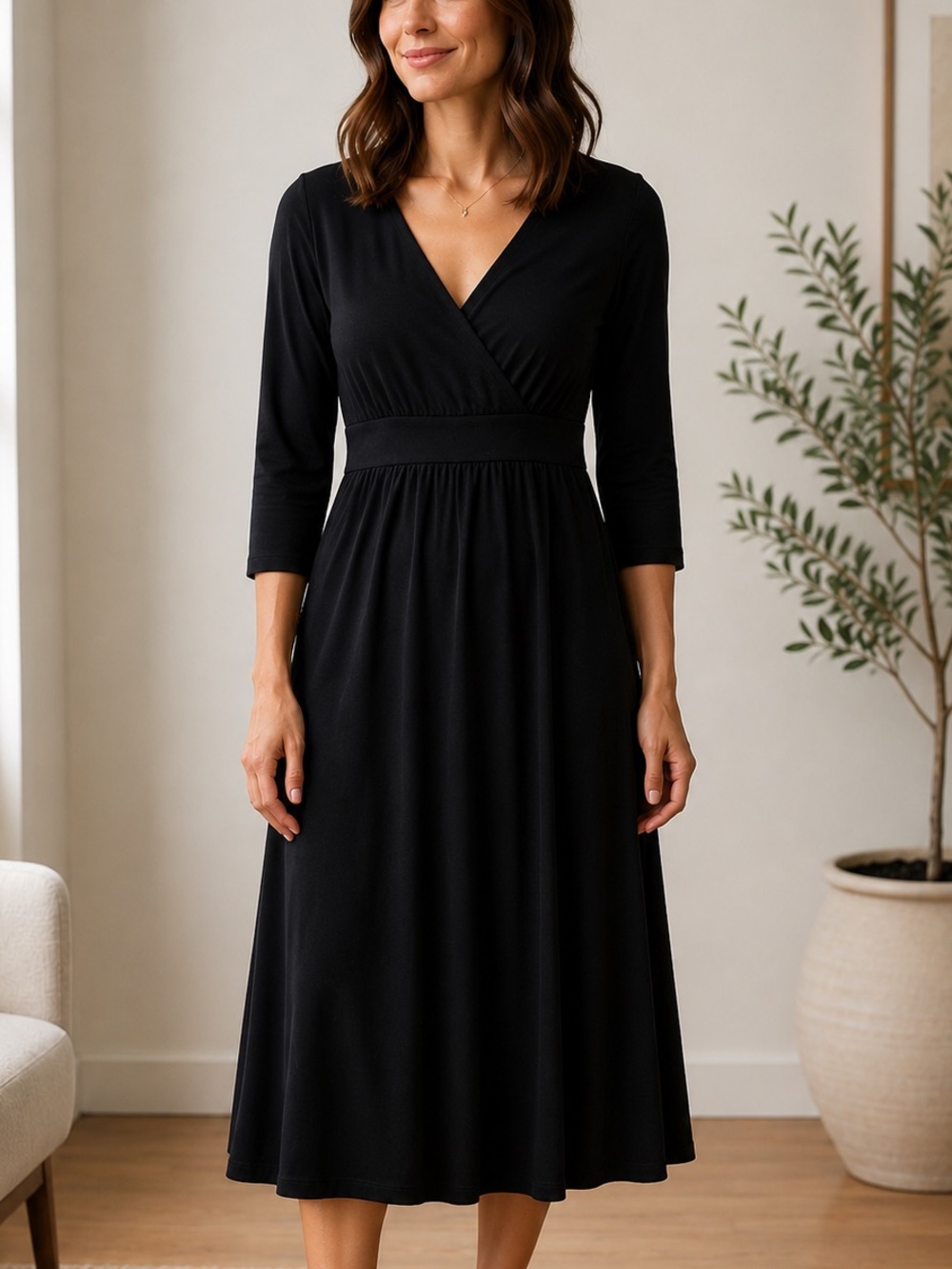 Eileen Fisher Black Faux Wrap Knit Dress M Long Sleeve Stretch Empire Waist Mini